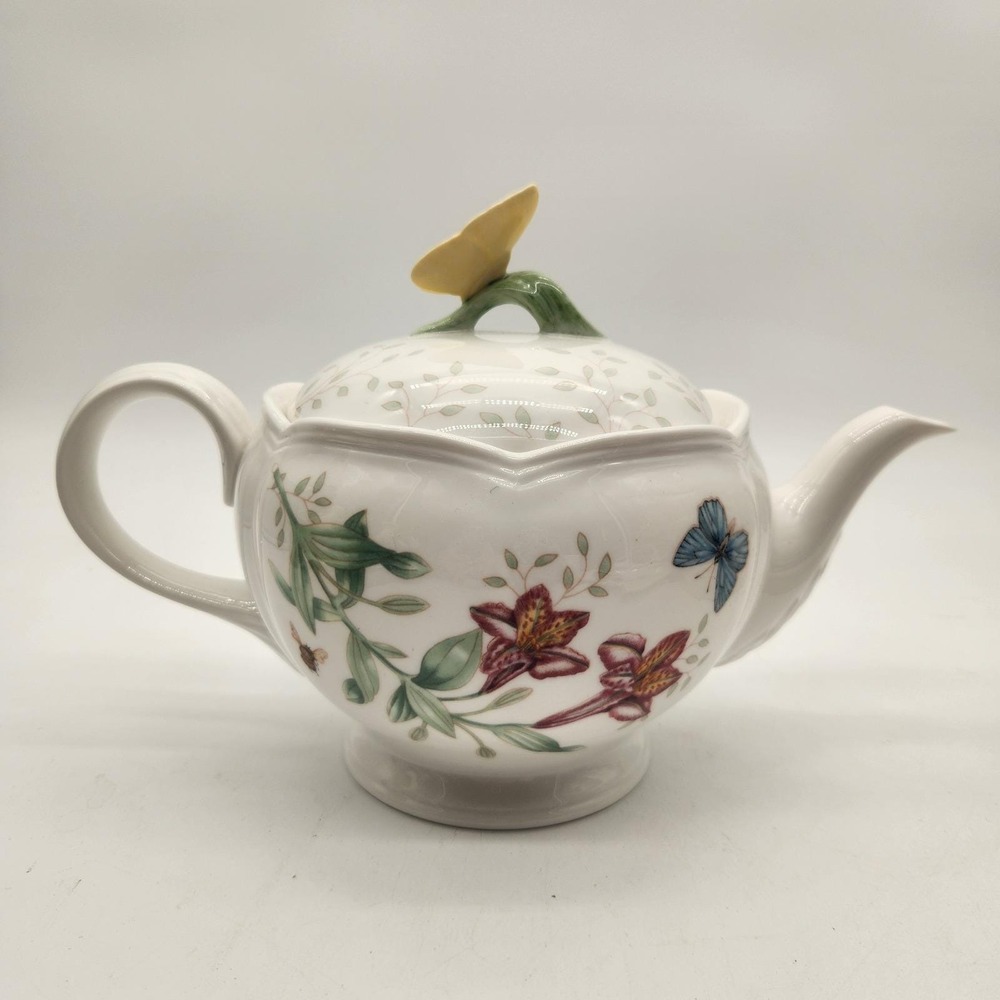 Lenox Butterfly Meadow Teapot And Lid Louise Le Luyer Porcelain Floral Butterfly
